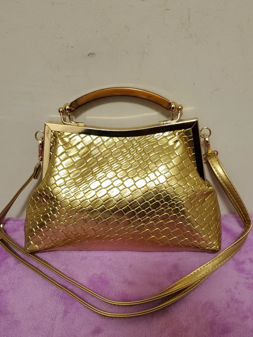 Gold Croc-Embossed Structured Top-Handle Bag with Detachable Strap